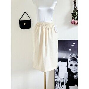 I.Magnin Vintage 70s 1970s Cream White Smocked  Knee Length Pencil Skirt S